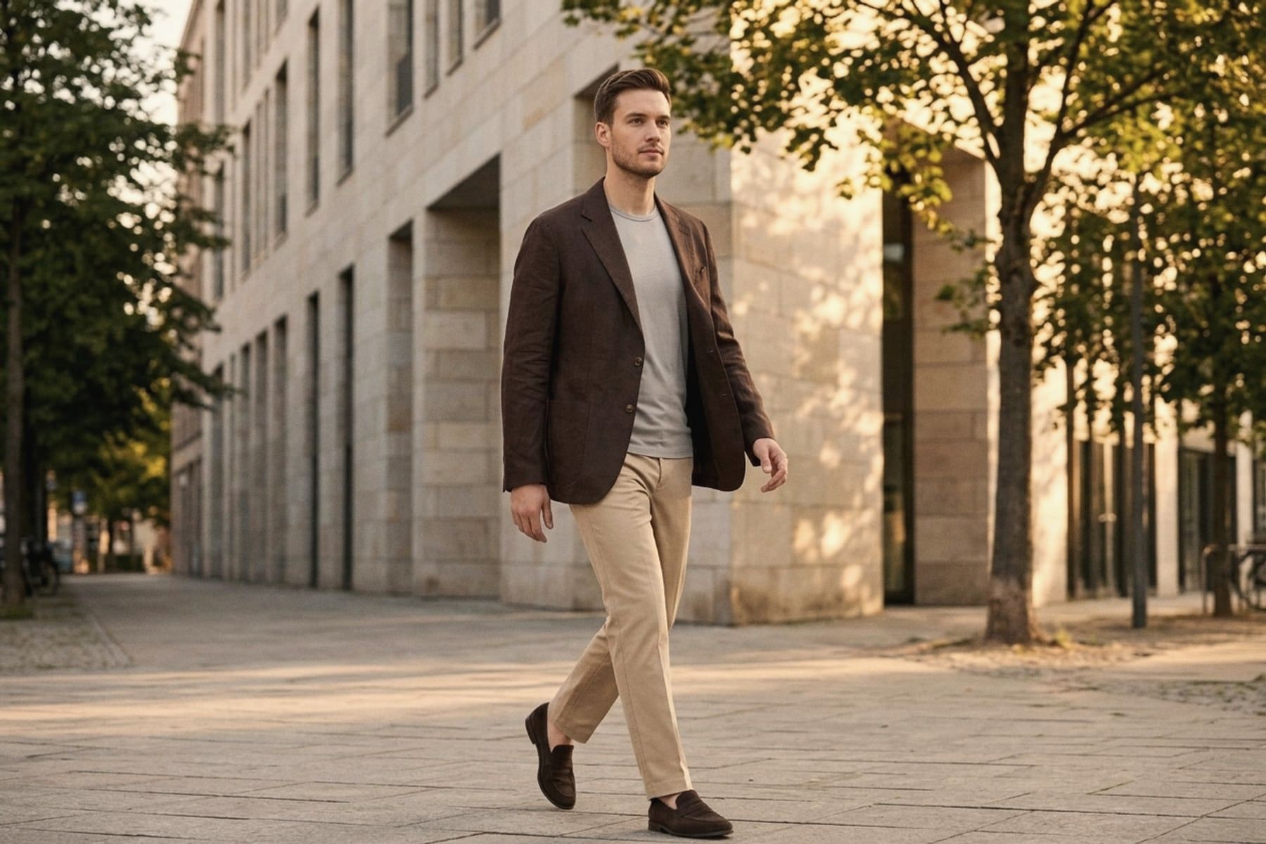 Viernes: Pantalón Chino Premium, Polera Pima Cuello Redondo, Blazer Lino Desestructurado